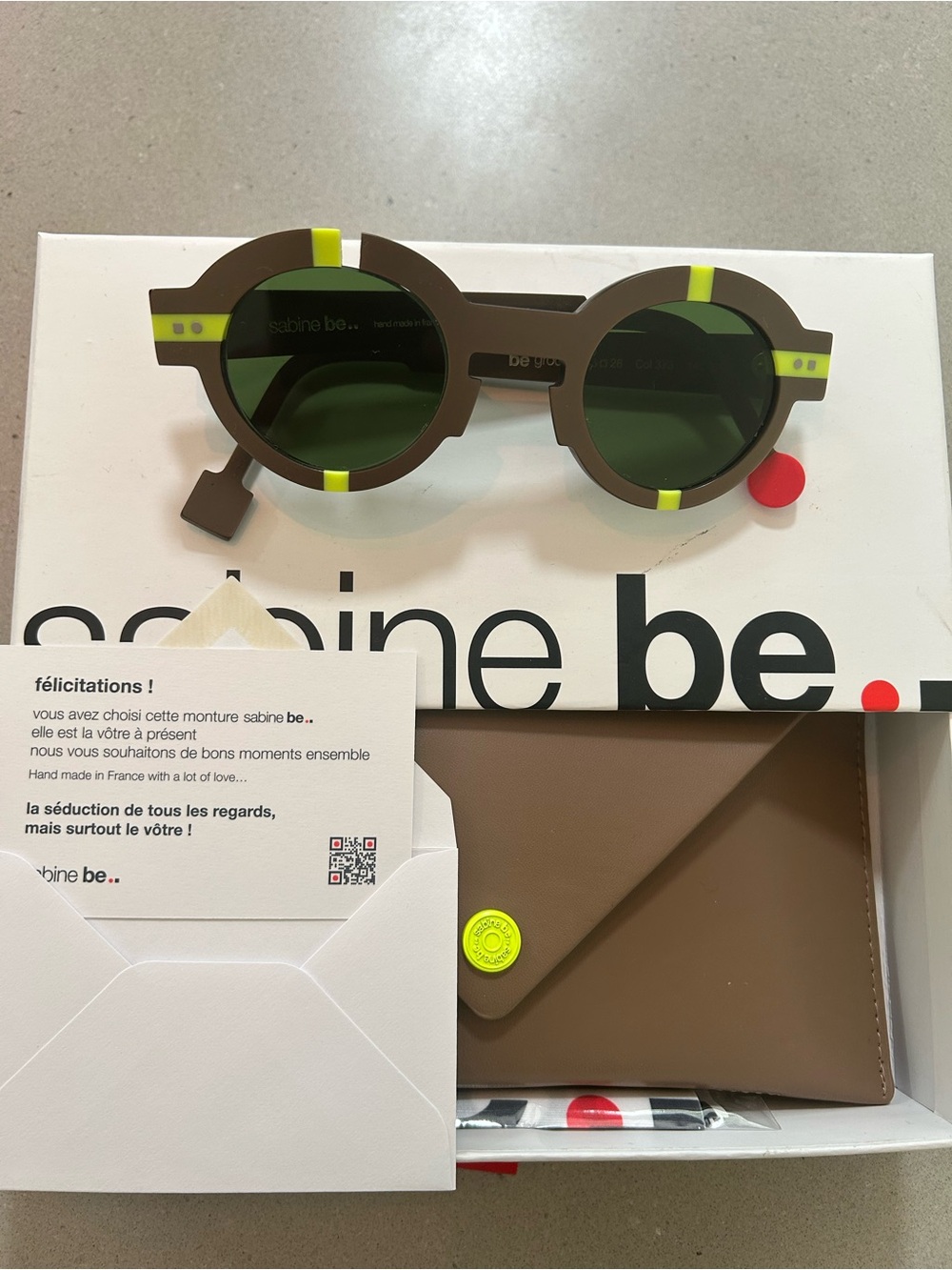 Sabine Brown Frame Sunglasses with Green Lenses and Neon Yellow Accents